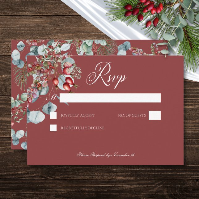 Red Winter Gräs Berries Eucalyptus Bröllop OSA Kort (Red Winter Pine Berries Eucalyptus Wedding RSVP Card)