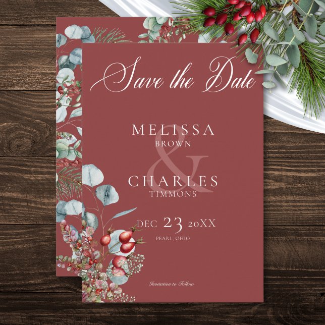 Red Winter Gräs Berries Eucalyptus Bröllop Spara Datumet (Red Winter Pine Berries Eucalyptus Wedding Save The Date)