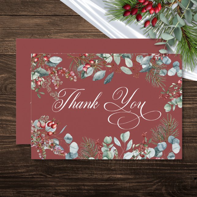 Red Winter Gräs Berries Eucalyptus Bröllop Tack Kort (Red Winter Pine Berries Eucalyptus Wedding Thank You Card)