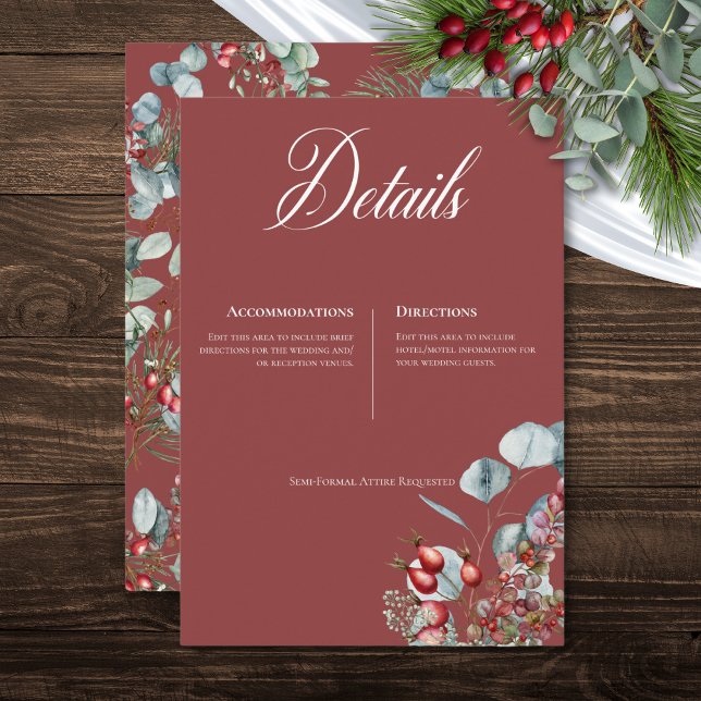 Red Winter Gräs Berries Eucalyptus Bröllop Tilläggskort (Red Winter Pine Berries Eucalyptus Wedding Enclosure Card)