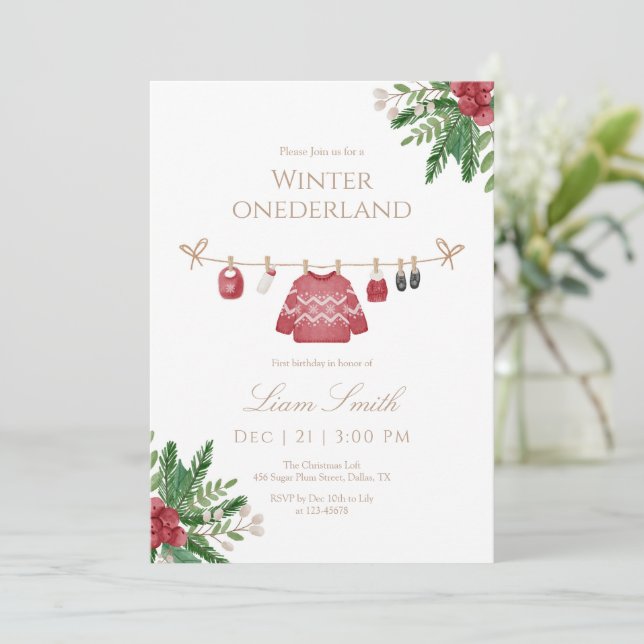 Red Winter Onederland Första födelsedagsinbjudan Tack Kort (Stående Fram)