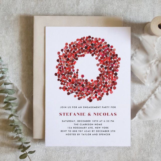 Red Winterberry Förlovningsfest för andningsjul Inbjudningar (Engagement party invitation featuring watercolor winterberry wreath. Perfect for Christmas events.)