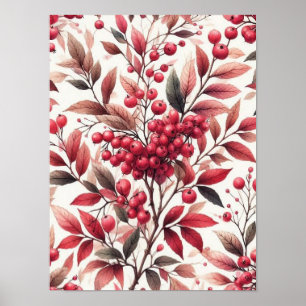 Red Winterberry Fruit Mönster Watercolor Poster