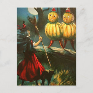 Red Witch & Pumpkin People - Vintage Halloween Vykort