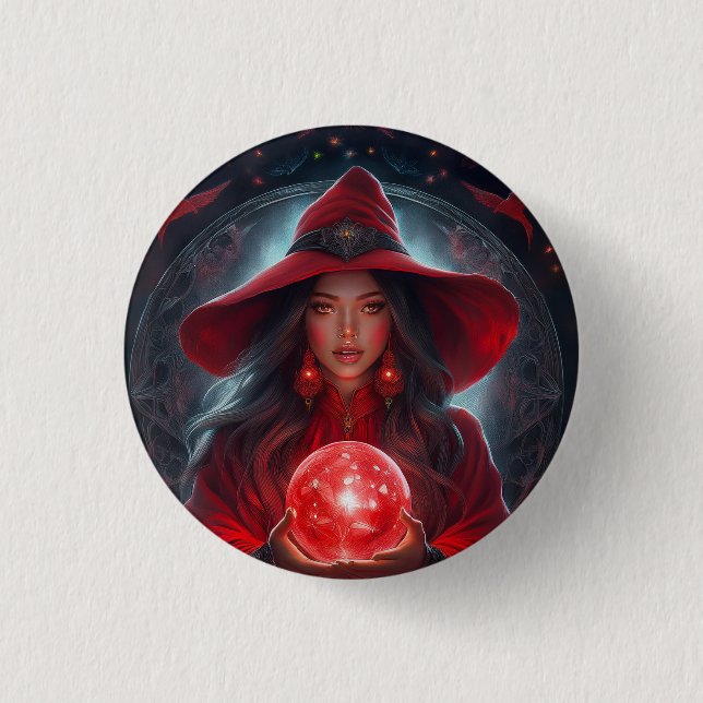 Red Witch With Crystal Ball And Amazing Background Knapp (Framsida)
