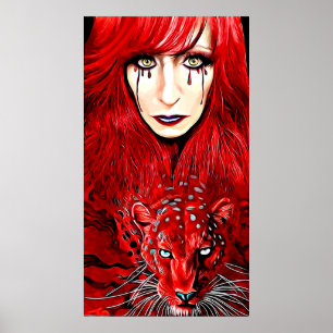 Red Witch Woman och Leopard välbekanta konst Poster