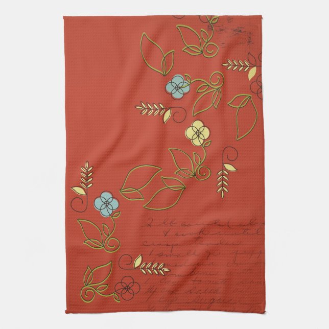 Red with Flowers Tea Kitchen Towel Kökshandduk (Vertikal)