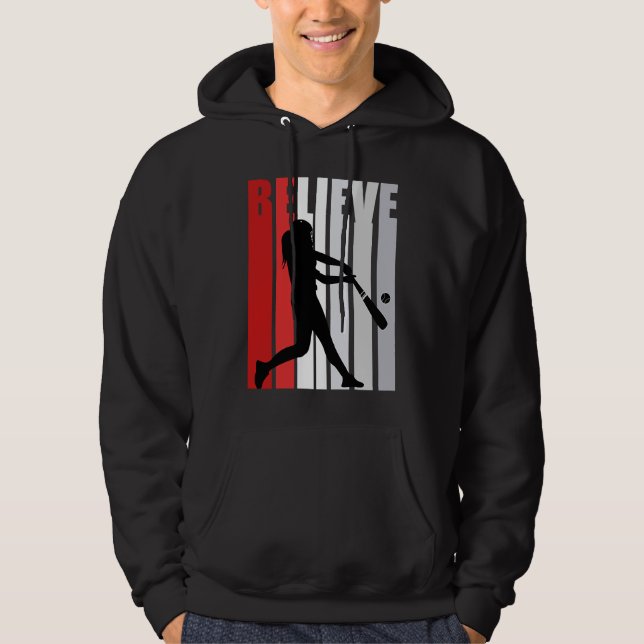 Red Womens Believe Baseball Motivational Softball  Hoodie (Framsida)
