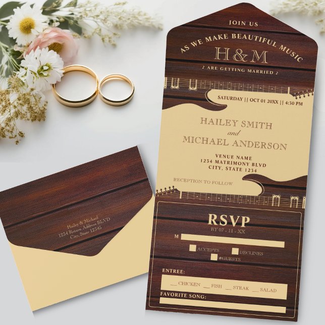 Red Wood & Tan Brown Guitar Bröllop (Red Wood & Tan Brown Guitar Wedding All In One Invitation)