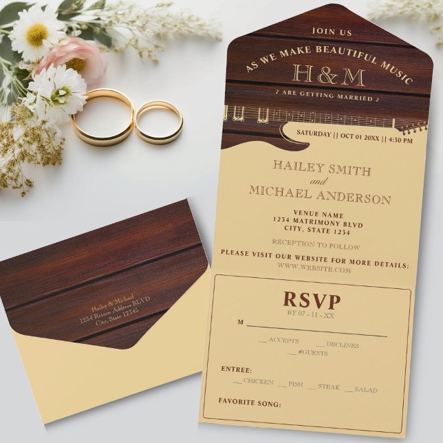 Red Wood & Tan Brown Guitar Bröllop (Red Wood & Tan Brown Guitar Wedding All In One Invitation)
