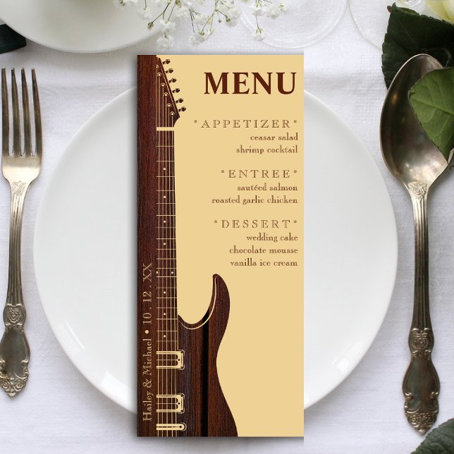 Red Wood & Tan Brown Guitar Wedding Reception Meny (Red Wood & Tan Brown Guitar Wedding Reception Menu)