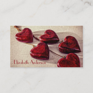 Red Wooden Hearts Tied Toed on a String Visitkort