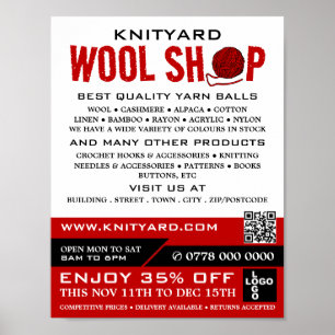 Red Wool Shop Logotyp, Knitting Store, Garnbutik Poster