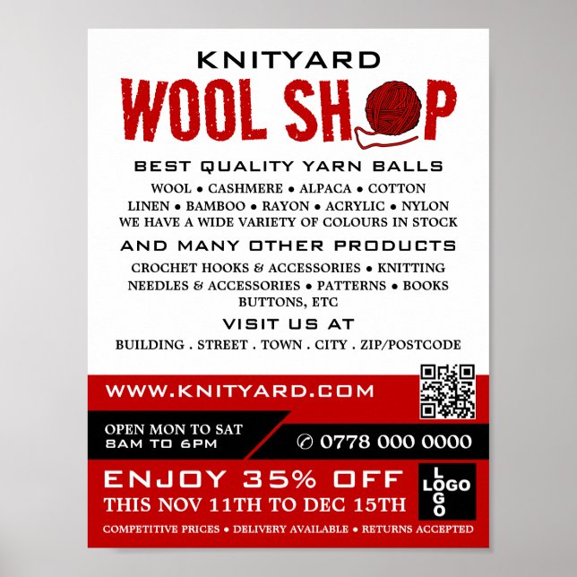 Red Wool Shop Logotyp, Knitting Store, Garnbutik Poster (Framsidan)