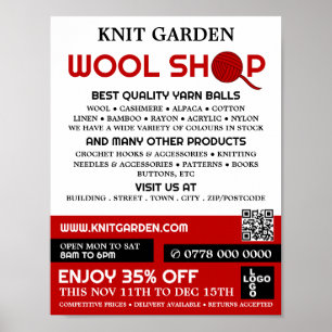 Red Wool Shop Logotyp, Knitting Store, Garnbutik Poster