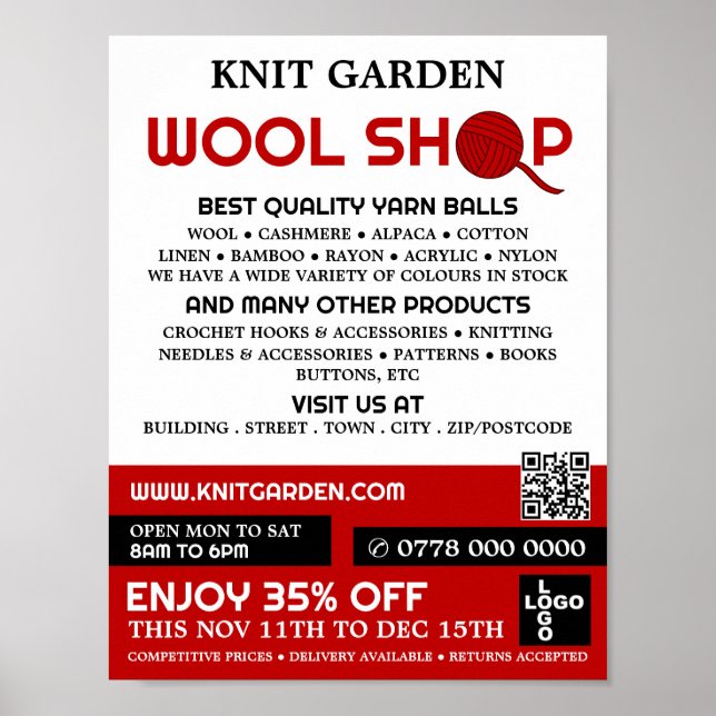 Red Wool Shop Logotyp, Knitting Store, Garnbutik Poster (Framsidan)