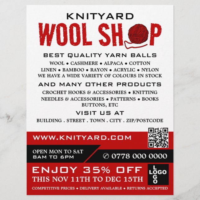 Red Wool Shop Logotyp, Knitting Store, Garnbutik Reklamblad (Framsidan)