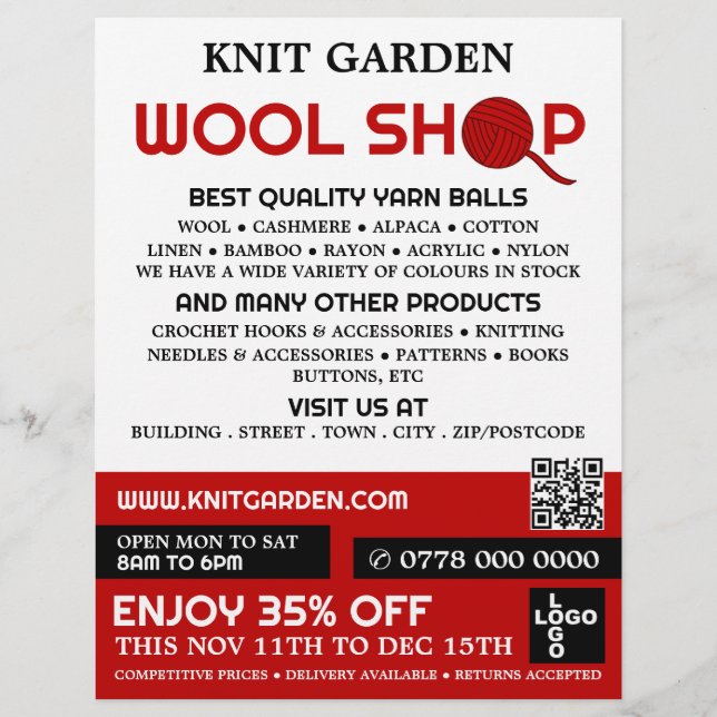 Red Wool Shop Logotyp, Knitting Store, Garnbutik Reklamblad (Framsidan)