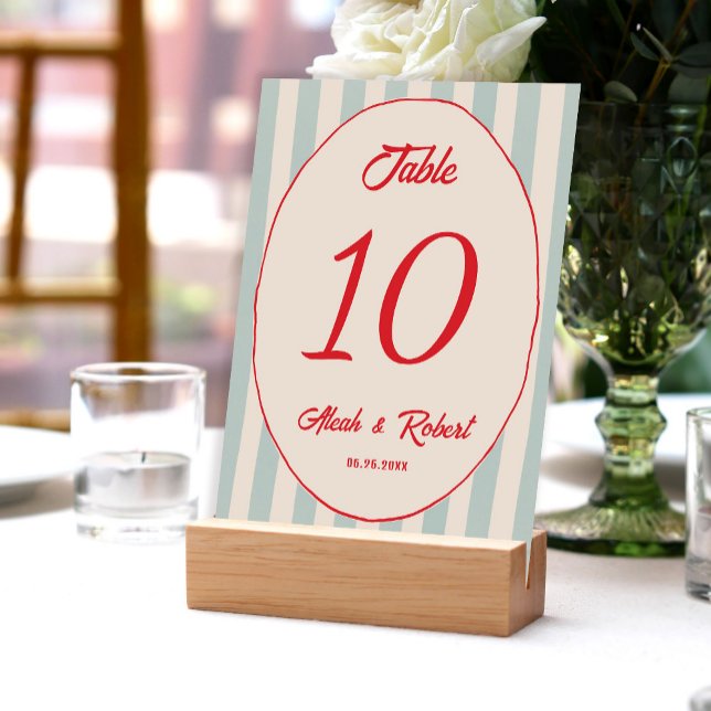 Red Writing Blue Line Retro Wedding Table Number Bordsnummer (Skapare uppladdad)