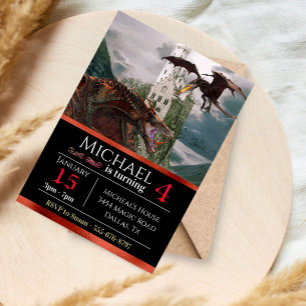 Red Wyvern Dragon Medieval Castle Metallic Birthda Inbjudningar