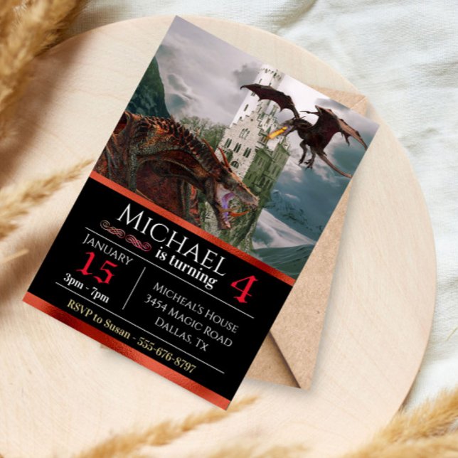 Red Wyvern Dragon Medieval Castle Metallic Birthda Inbjudningar (Skapare uppladdad)