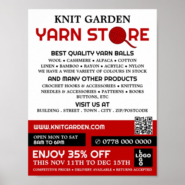 Red Yarn Store Logotyp, Knitting Store, Garnaffe Poster (Framsidan)