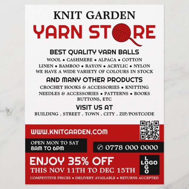 Red Yarn Store Logotyp, Knitting Store, Garnaffe Reklamblad (Framsidan)