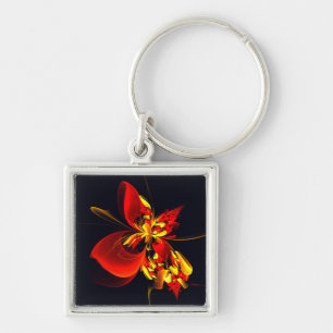 Red Yellow Floral Modern Abstract Art Pattern #10 Fyrkantig Silverfärgad Nyckelring