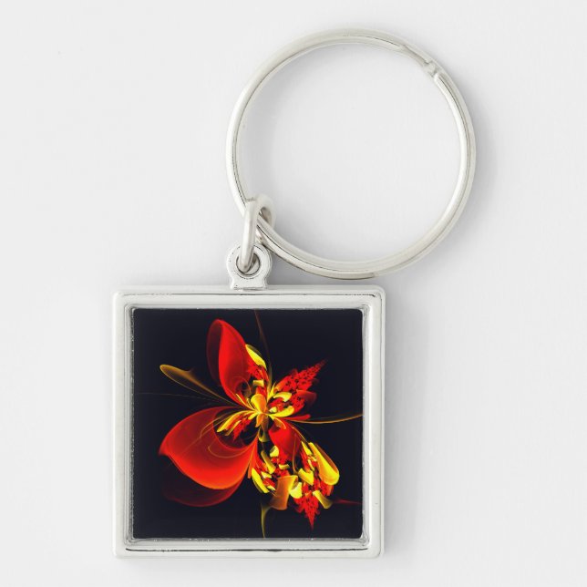 Red Yellow Floral Modern Abstract Art Pattern #10 Fyrkantig Silverfärgad Nyckelring (Framsidan)