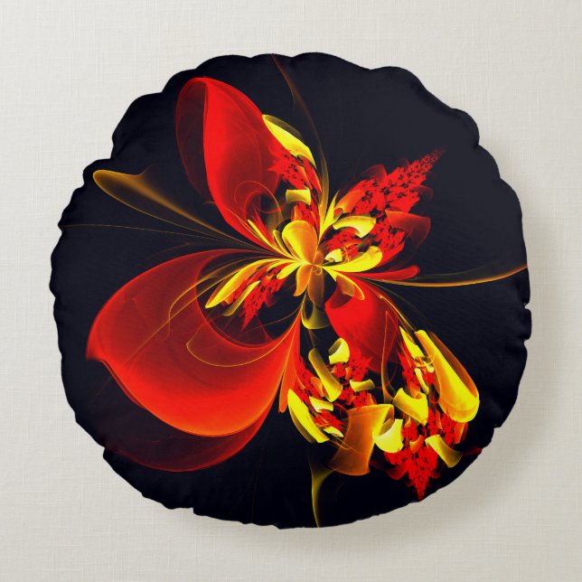 Red Yellow Floral Modern Abstract Art Pattern #10 Rund Kudde (Framsidan)