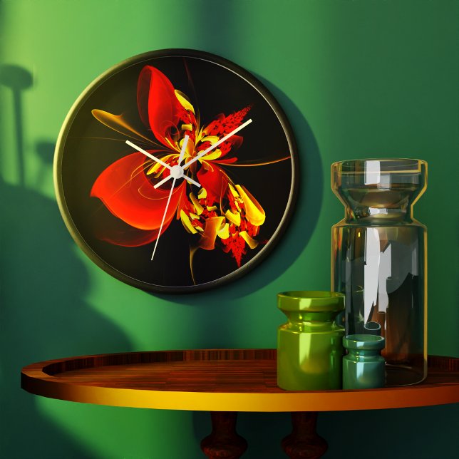 Red Yellow Floral Modern Abstract Art Pattern #10 Stor Klocka (Red Yellow Floral Modern Abstract Art Pattern #10 Clock)