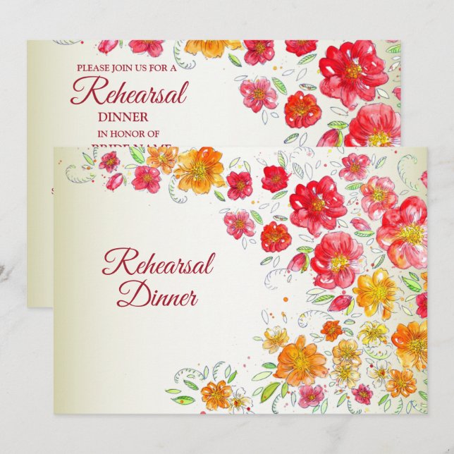 Red Yellow Pink Floral Wedding Rehearsal Dinner Inbjudningar (Fram/baksida)