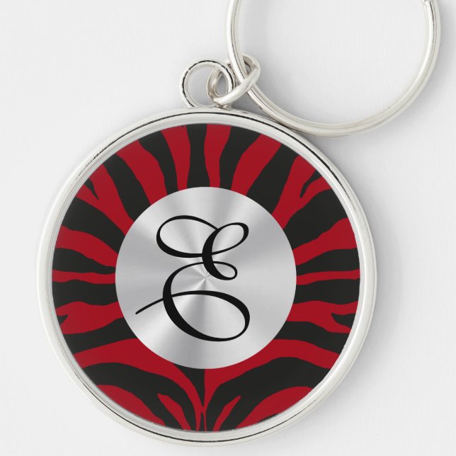 Red Zebra Monogram Rund Silverfärgad Nyckelring (Framsidan)