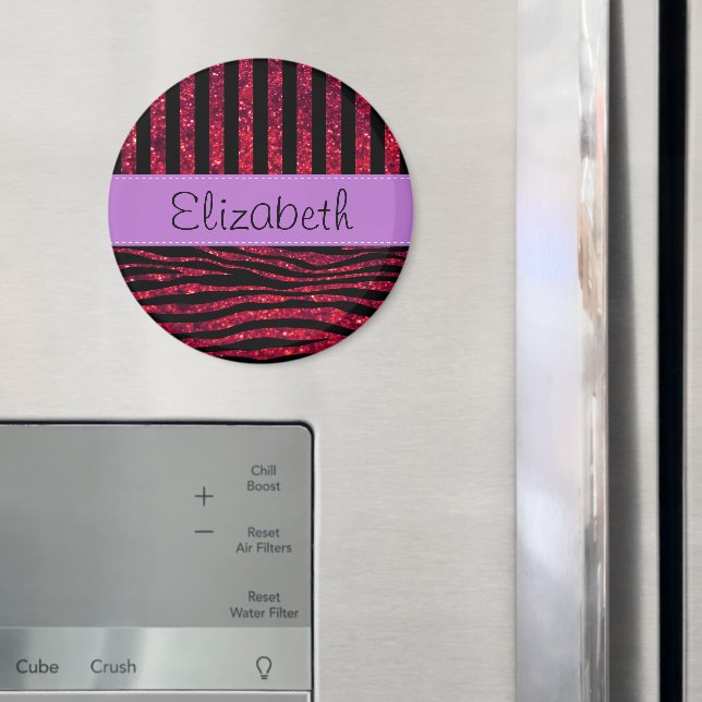 Red Zebra, Red Glitter, Red Rand, ditt namn Magnet (In Situ (Fridge))