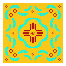 Red Zia Symbols New mexico Turquise Feathers Fototryck