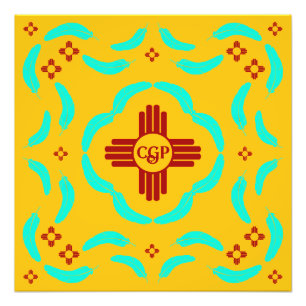 Red Zia Symbols New mexico Turquise Feathers Fototryck