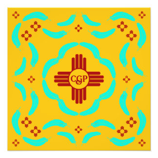 Red Zia Symbols New mexico Turquise Feathers Fototryck