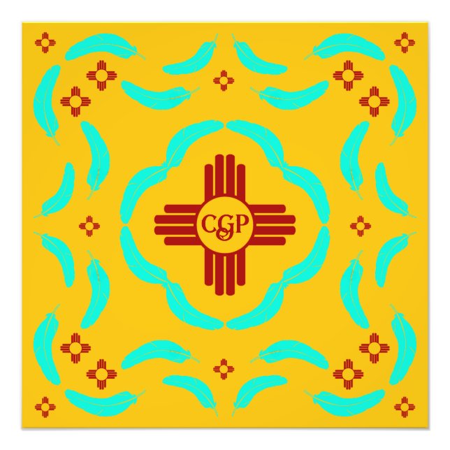 Red Zia Symbols New mexico Turquise Feathers Fototryck (Framsidan)