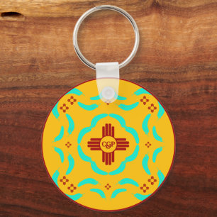 Red Zia Symbols New mexico Turquise Feathers Nyckelring