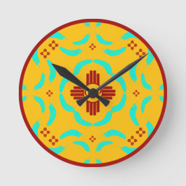 Red Zia Symbols New mexico Turquise Feathers Rund Klocka