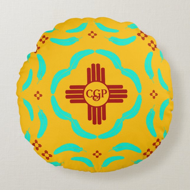 Red Zia Symbols New mexico Turquise Feathers Rund Kudde (Framsidan)
