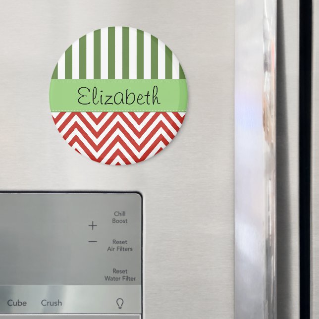 Red Zigzag, Chevron, Grönt Rand, ditt namn Magnet (In Situ (Fridge))