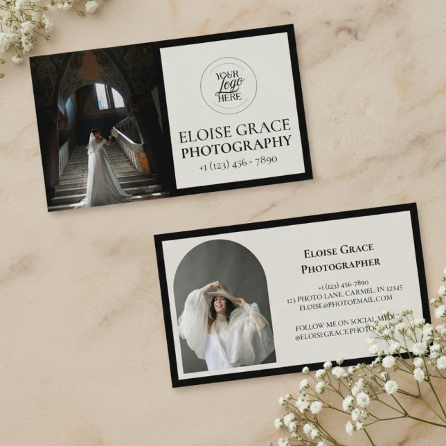 Redaktionell fotologo svart visitkort (Market your photography business in style with this editorial business card!)