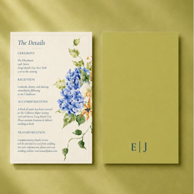 Redaktionell Hydrangea Orchid Anthurium Bröllop Tilläggskort (Modern editorial details card featuring sculptural anthuriums, orchid, and hydrangea.)