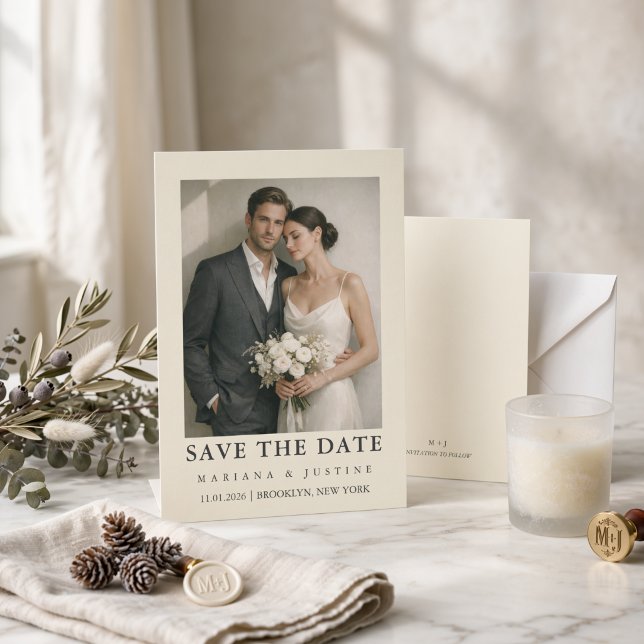 Redaktionell minimalistisk vinter elfenbensbröllop spara datumet (Editorial Minimalist Winter Ivory Wedding Photo Save The Date)