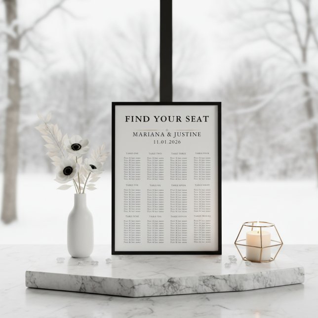 Redaktionell Minimalistisk Vinterbröllops Placerin Poster (Editorial Minimalist Winter Ivory Wedding Seating Chart)