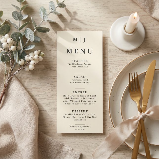 Redaktionell Minimalistisk Vinterbröllopsmonogram  Meny (Editorial Minimalist Winter Wedding Monogram Menu)