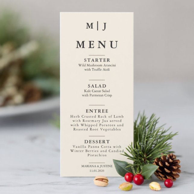 Redaktionell Minimalistisk Vinterbröllopsmonogram  Meny (Editorial Minimalist Winter Wedding Monogram Menu)