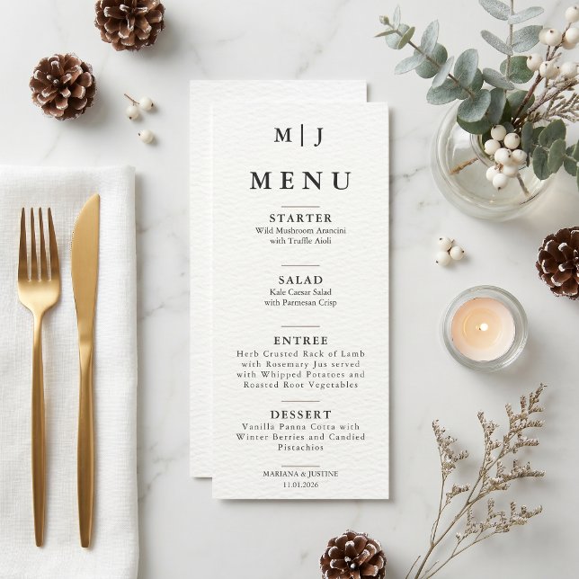 Redaktionell Minimalistisk Vinterbröllopsmonogram  Meny (Editorial Minimalist Winter Wedding Monogram Menu)