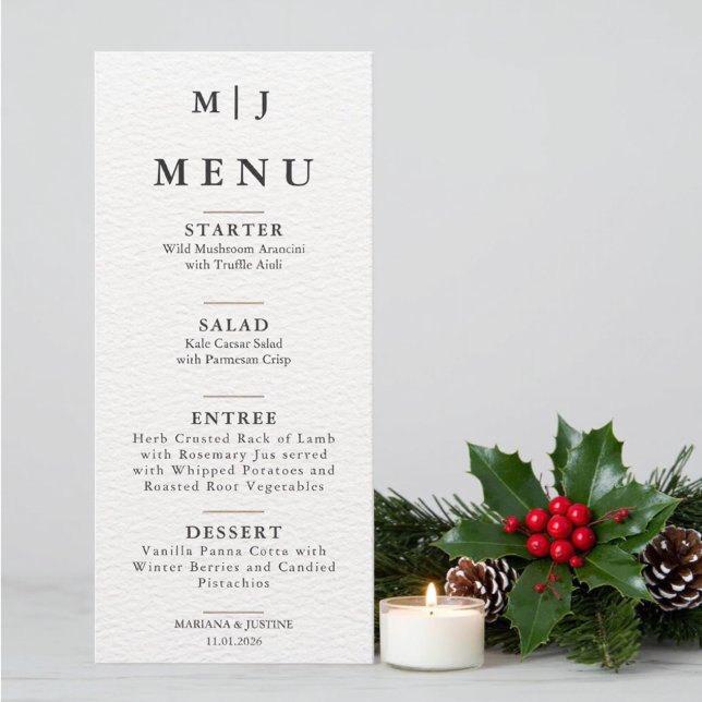 Redaktionell Minimalistisk Vinterbröllopsmonogram  Meny (Editorial Minimalist Winter Wedding Monogram Menu)